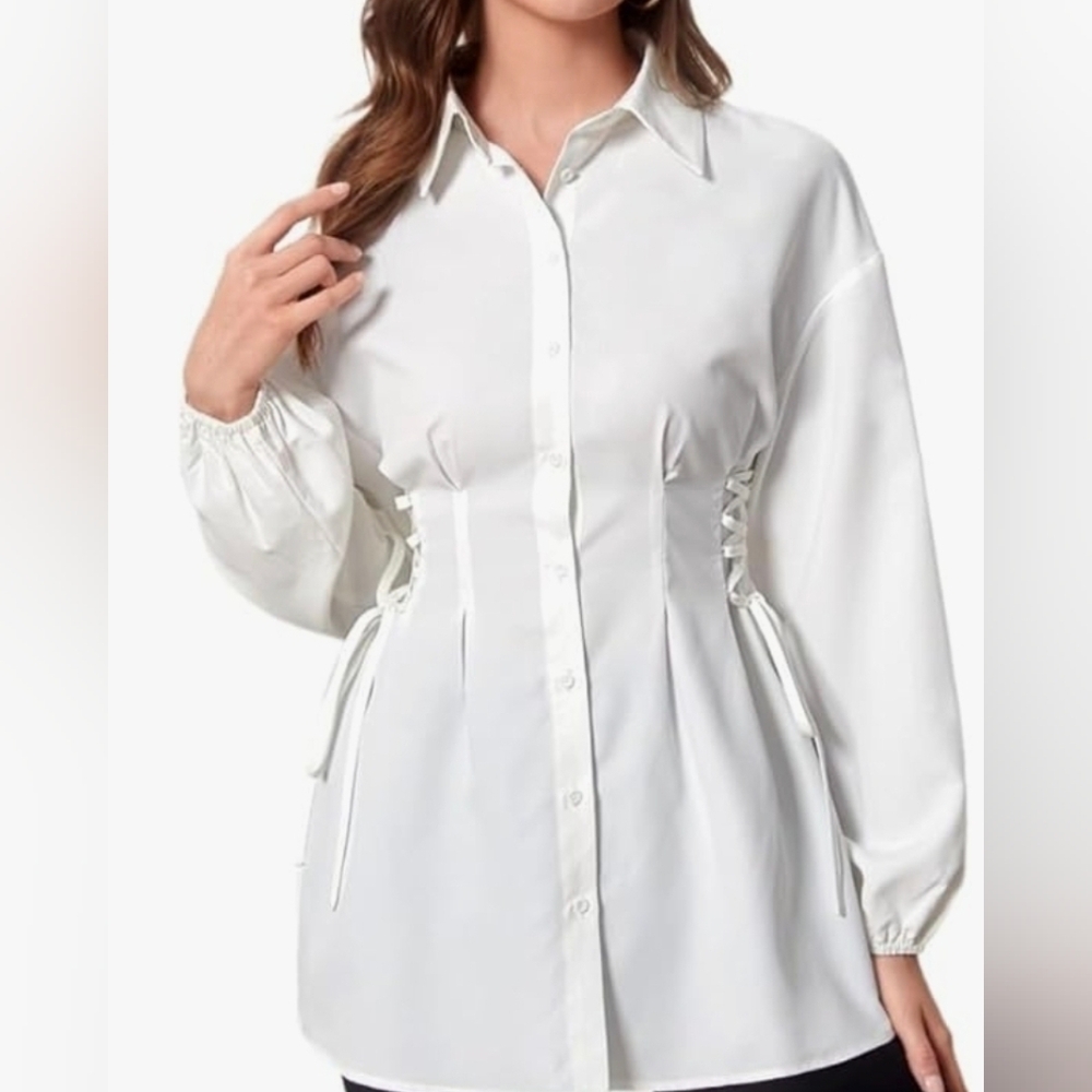 Worthington‎ Elegant Blouses Shirts Lace Up Side Drop Shoulder Long Shirt C